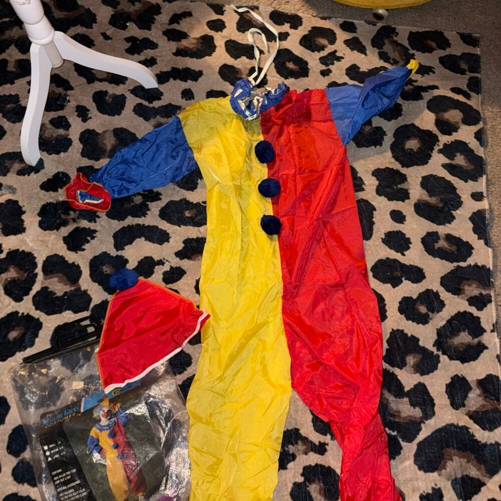 Vintage Mardi Gras Child Clown Costume Large 12-14 Jumpsuit & Hat